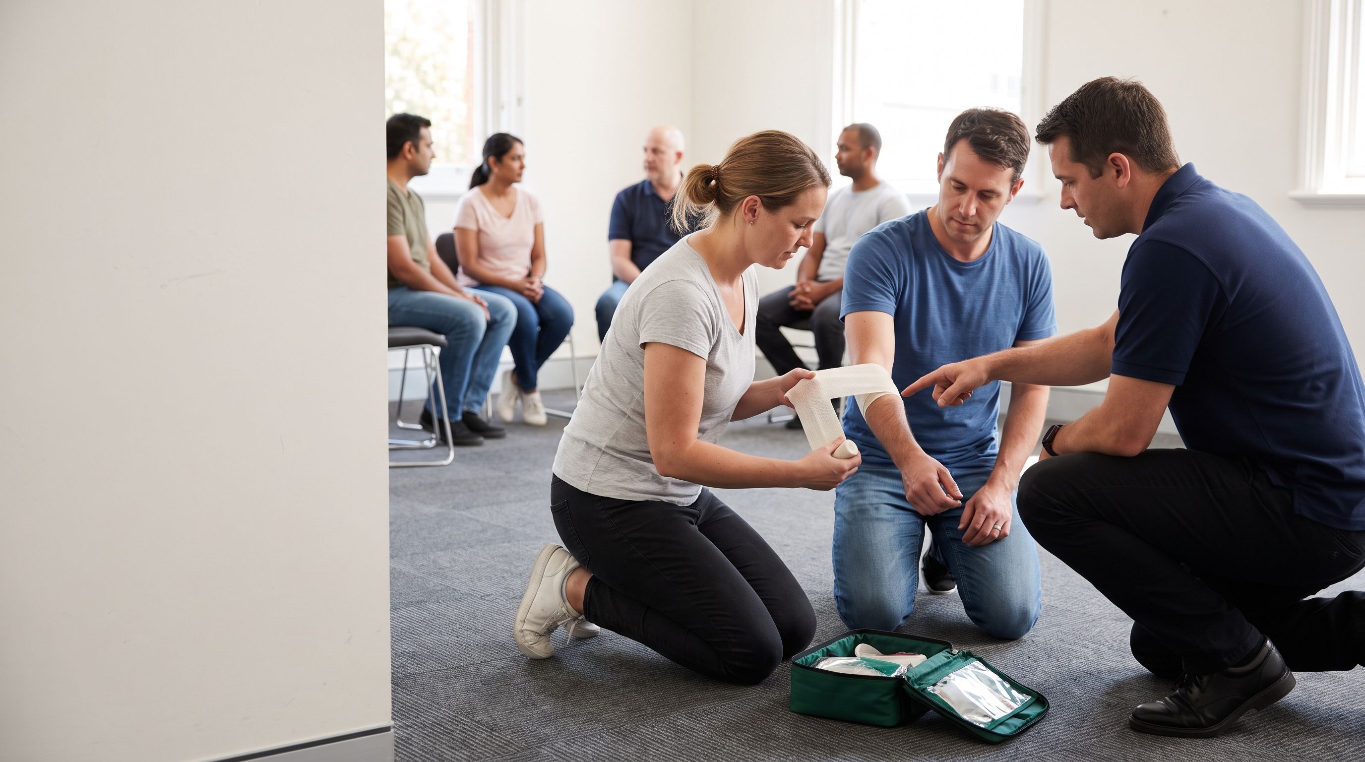 Course participant bandaging another participant's forearm while the trainer watches